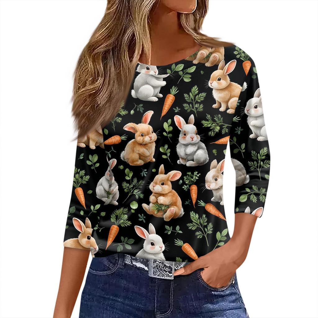 Damen T-Shirt mit Weihnachtsdruck, 3/4-Ärmel, für den Alltag, Wochenendmode, Basic, Rundhalsausschnitt, normales Oberteil