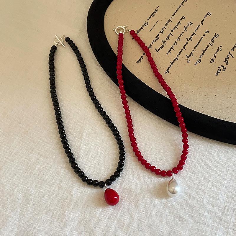 Korean Water Drop Pendant Beaded Necklace - Elegant Retro Choker for Women