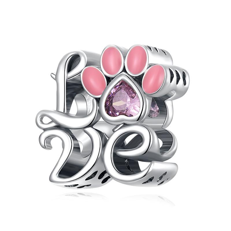 Bracciale Everlove in Argento Sterling s925 con Smalto Colorato a Forma di Zampa con Perline di Gatto e Cane