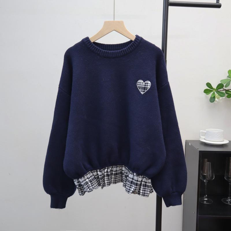 

Осень и зима новый ретро любовь сращивание клетчатый вязаный свитер топ свободный свитер с круглым вырезом пуловер женский One size темно-синий