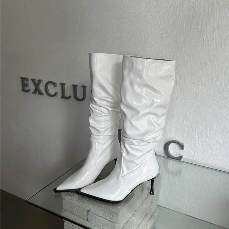 Street Style Winter Designer Women Knee-High Boots Fashion Pointed Toe Pleated Long Booties Female High Heels Shoes