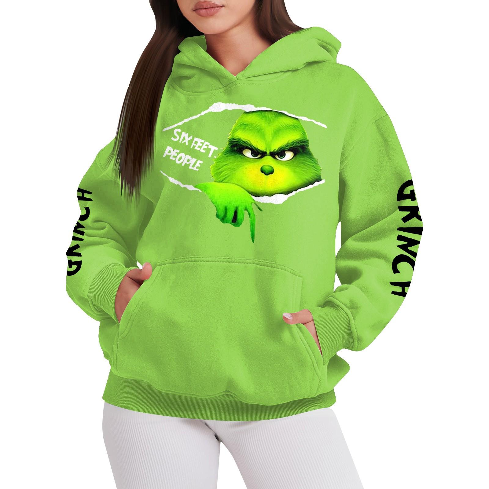 

Женская мода с длинным рукавом, свободная круглая шея, рождественский принт, толстовка с капюшоном, топ S темно-зеленого