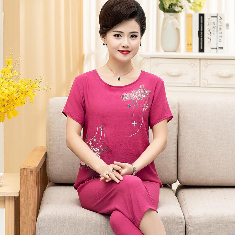 Women's Summer Cotton Linen Pajama Set – Short-Sleeve Two-Piece for Middle-Aged & Elderly, Versatile for Home or Outdoor Wear