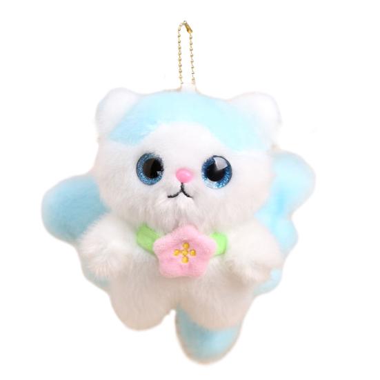 Cute Elf Cat Plush Doll Pendant Keychain Soft Skin-Friendly Plush with Wings And Floral Accent Portable Bag Charm Gift for Kids Cat Lovers