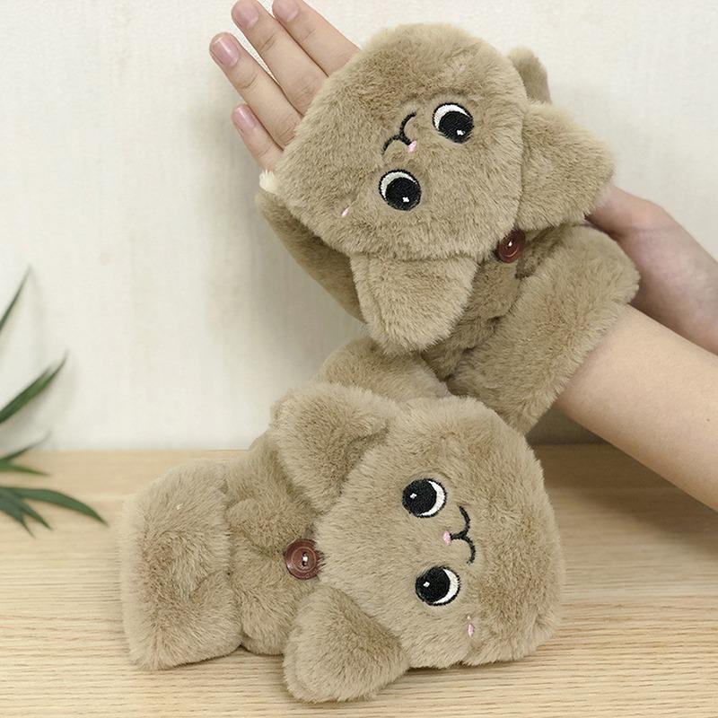 Cute Rabbit Fur Knit Mittens Plush Fingerless Gloves Flip Half Finger Driving Glove Winter Soft Warm Thick Gloves for Women Girl
