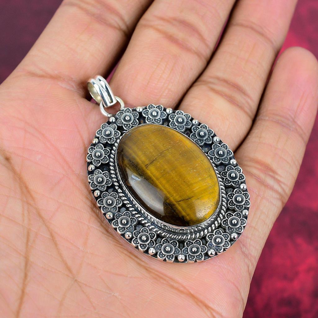 Tiger's Eye Gemstone Jewelry, 925 Solid Sterling Silver Jewelry For Her, Handmade Gorgeous Jewelry, New Brand Designer Pendant For Love