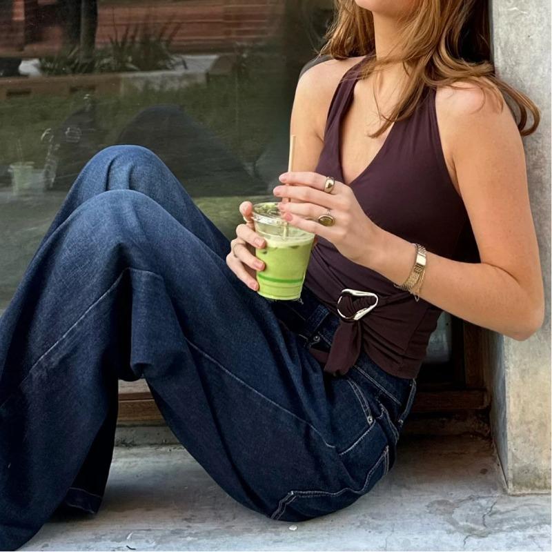 Women Summer Halter Neck Deep V Neck Wrap Front Buckle Tie Sleeveless Slim Fit Crop Tank Top