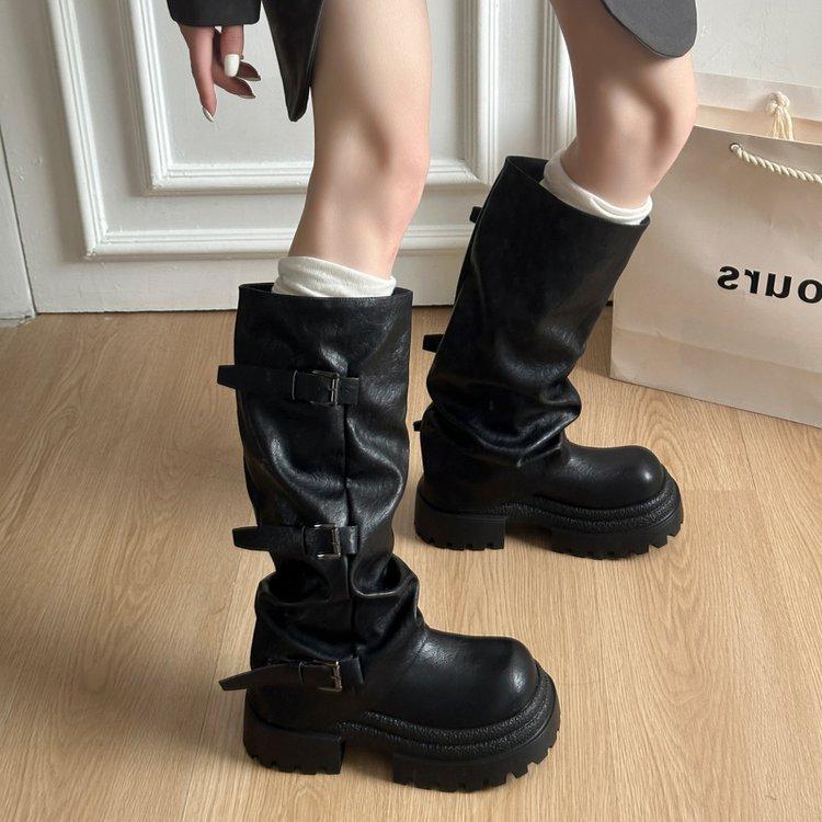 

Thick-soled heightening knight boots women s 2025 new spring and autumn retro brown Maillard stacking boots medium tube boots 35 чёрный