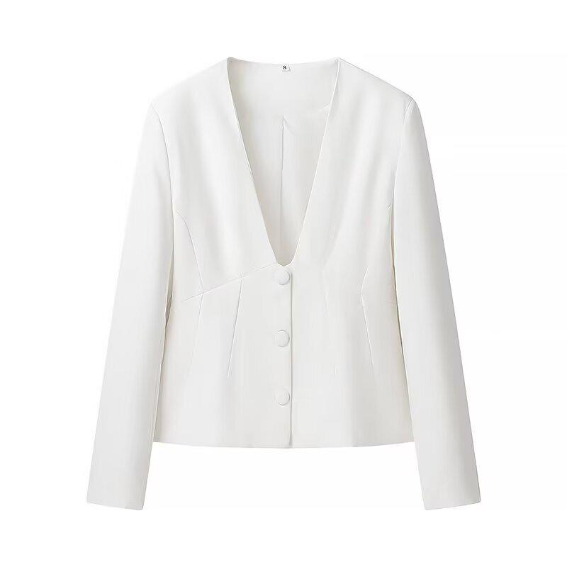 Spring European & American V-Neck Slim Suit Jacket with Straight-Leg Pants Set