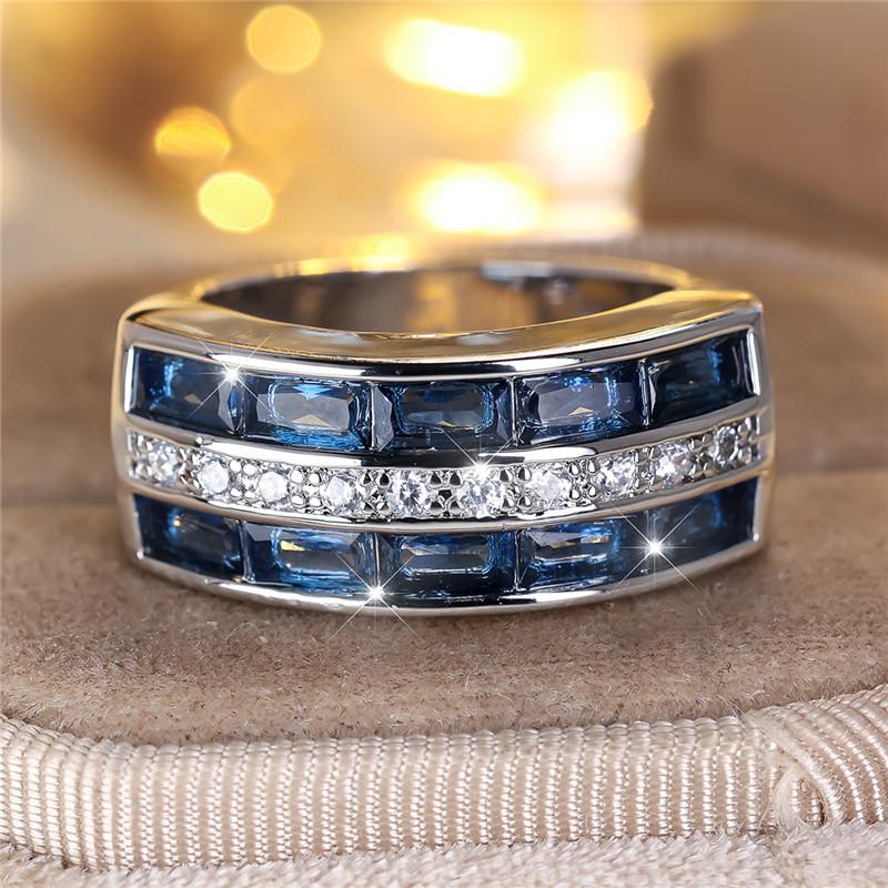 Cute Female Blue Zircon Stone Engagement Ring Silver Color Wedding Jewelry For Women