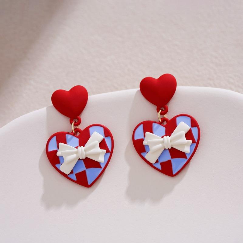 Red peach heart rhombus earrings niche gentle white bow stud earrings unique design Valentine's Day women's earrings