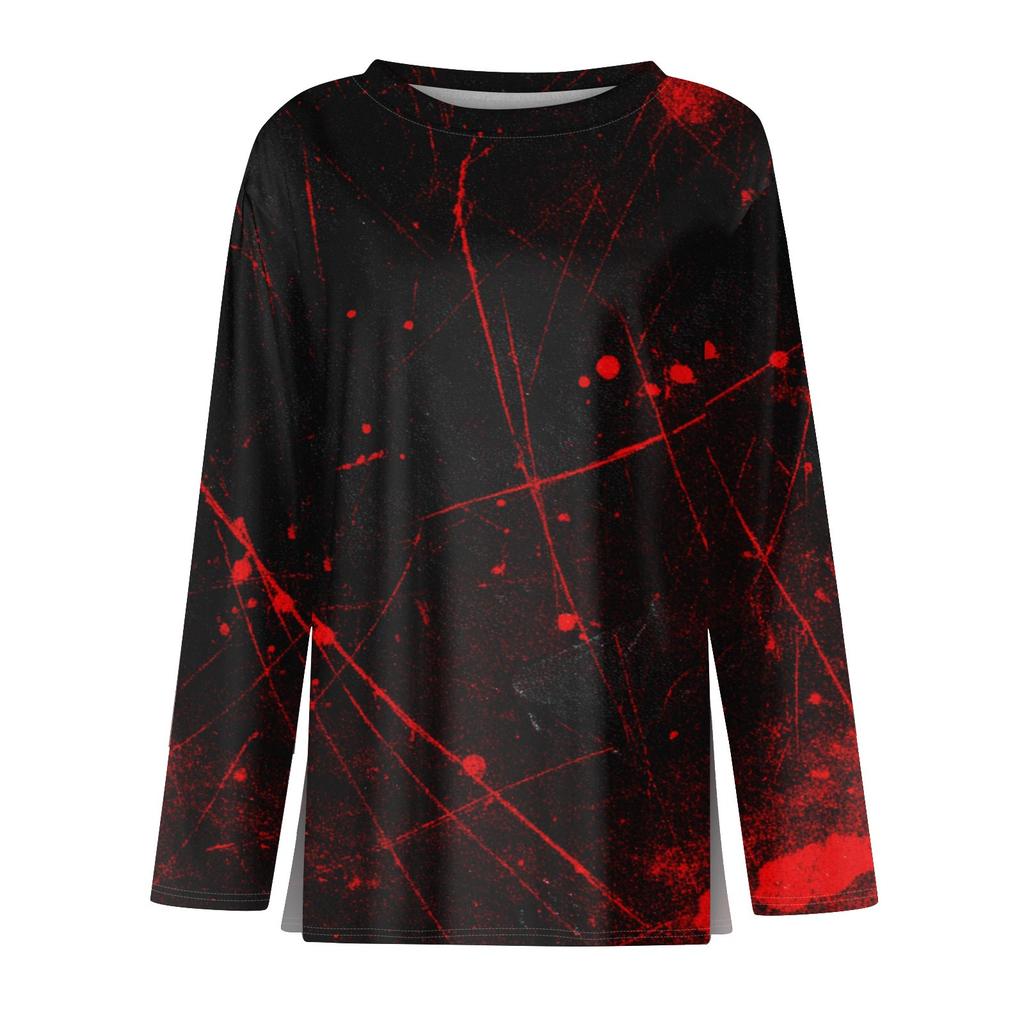 Damenmode Saumschlitz Lässig Halloween-Print Rundhals Langarm Oberteil