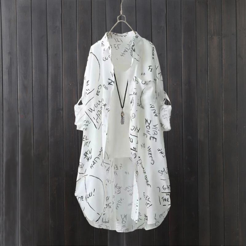 Camisa de Sol de Verano para Mujer Manga Larga Corte Holgado Blusa de Botones Protección Estampado de Letras Top Ligero Abrigo Delgado de Longitud Media