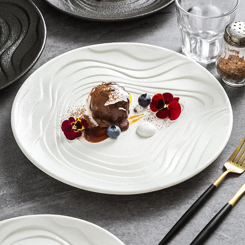 Ceramic Plate, Frosted Water Ripple Circular Shallow Plate, Dish, Fruit, Dessert Plate, Kitchen, Hotel Specialty Tableware