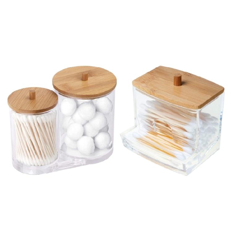 Qtip Holder Dispenser with Bamboo Lid Cotton Ball Pads Swabs Holder Jar Bathroom