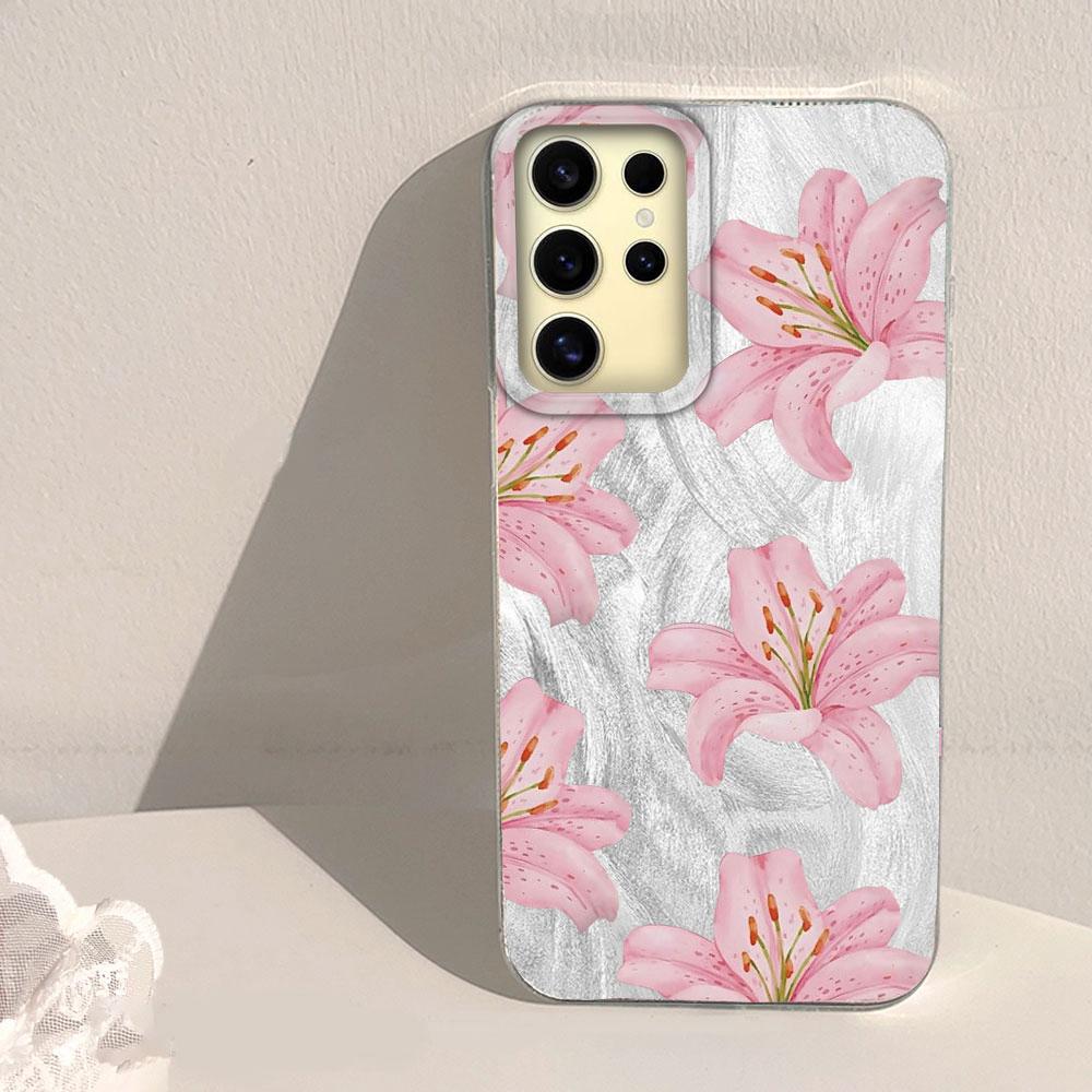 Pink Lily Flower Hard Back Print For Samsung Galaxy S25 Ultra S26 S23 S24 Plus S21 FE S22+ S26+ Shockproof Cover Phone Case Girl
