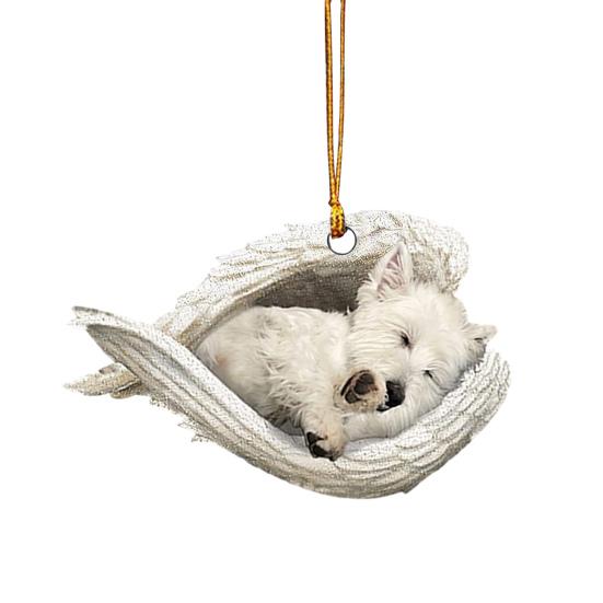 Dog Sleeping In Angel Wings Ornament 2D Flat Car Rear View Mirror Hanging Charm Pet Memorial Keepsake for Christmas Tree Car Interior Accessories