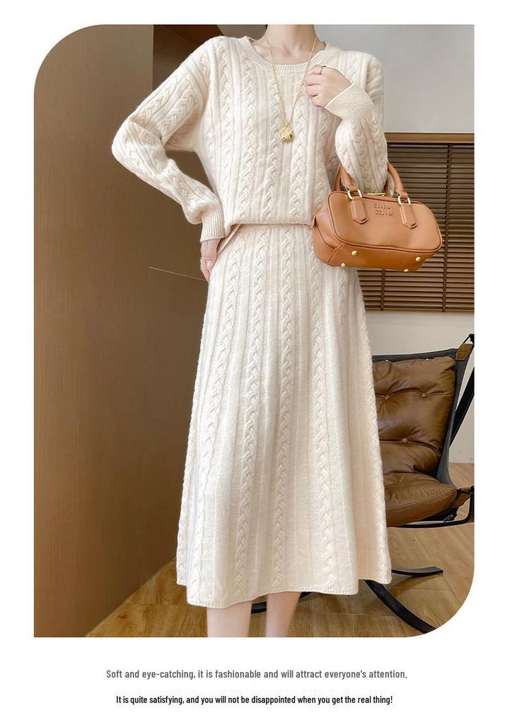 Women's 2026 Autumn/Winter Twisted Pattern Knitwear Set: Round Neck Sweater and Skirt