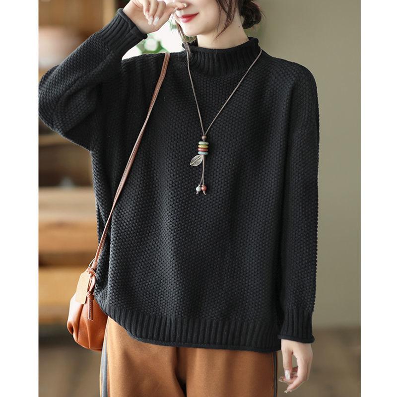 Maglione Lavorato a Maglia Autunno Inverno da Donna Taglie Forti Stile Coreano Top Ampi Mezzo Collo Alto Maglia Base Ampia Pullover