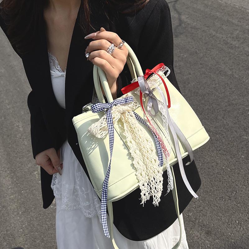 Pu Water Bucket Bag For Women With Bowknot Lace Stylish Handbag For Daily Use