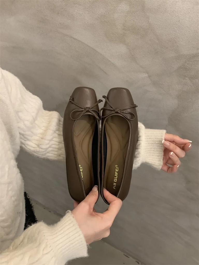 French Bow Ladies Shoes 2025 New Shallow Mouth Shoe Fashion Elegant Flats Women's Square Toe Comfortable Shoes Zapatos Mujer