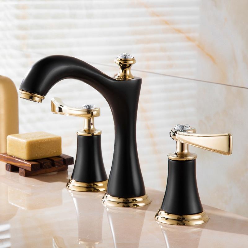 Matte Black 3 Pcs Bathroom Faucet Deck Mounted Black Painting 2 Handles Diamond Bathroom Bathtub Basin Mixer Tap Faucet