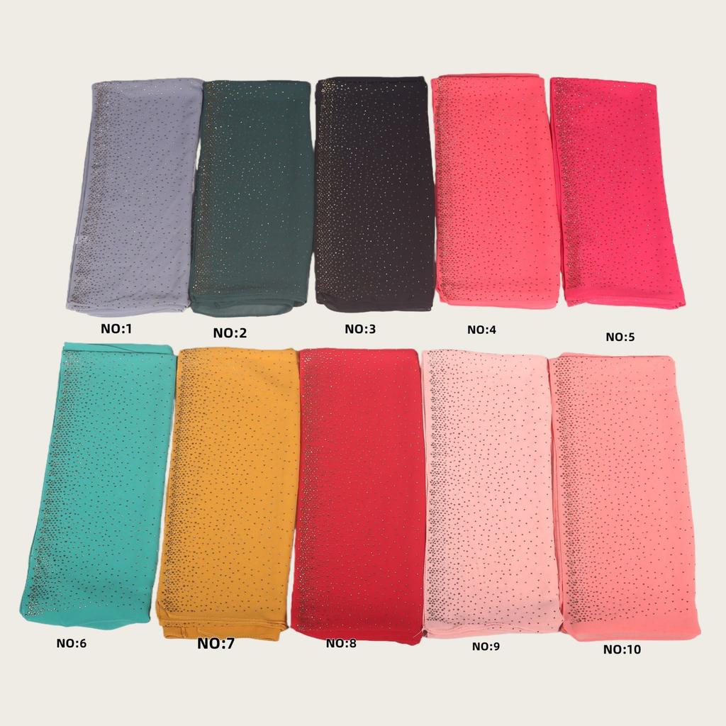 Full Cover Rhinestone Chiffon Scarf Solid Color Breathable Prayer Hijab Crinkle Shawl