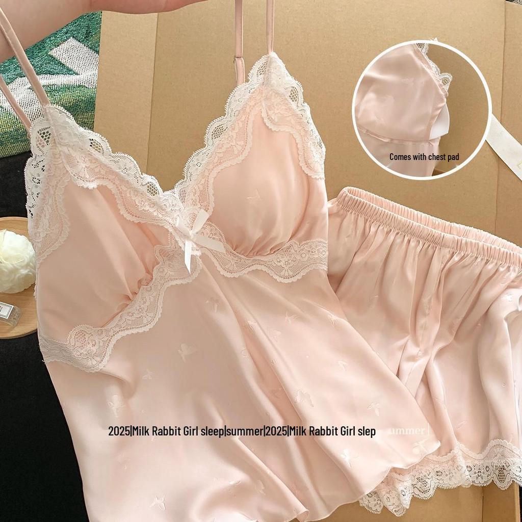 Women's Ice Silk Camisole and Shorts Set - Sexy Lace Pajamas for Summer, Spring, and Autumn