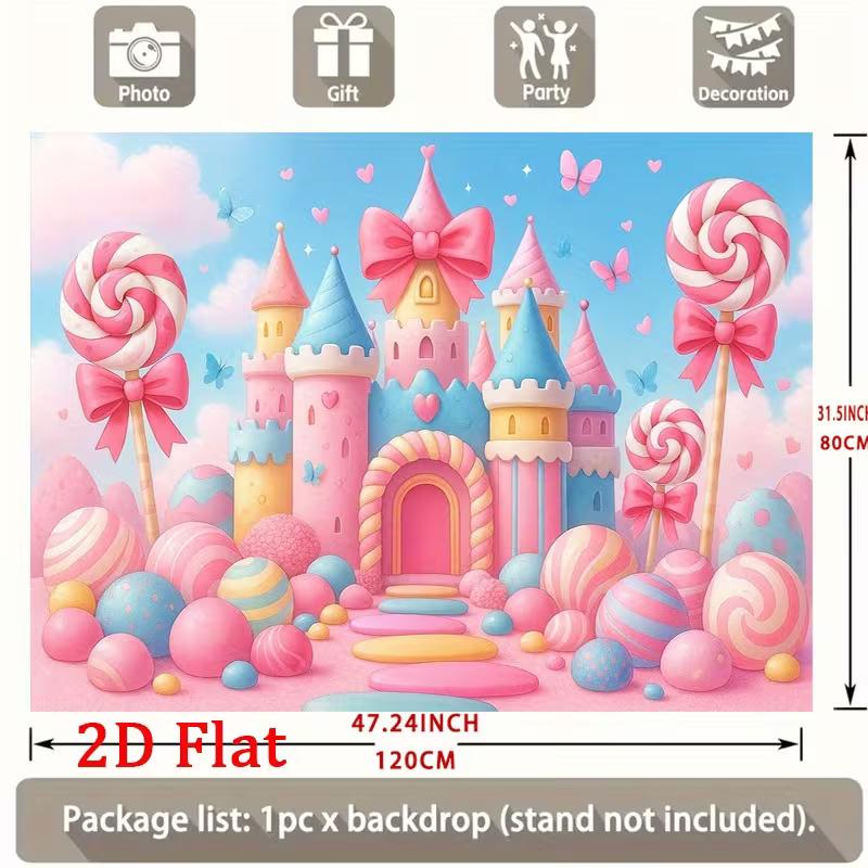 2D Pastel Candy Castle Backdrop, Princess Birthday Lollipop Background