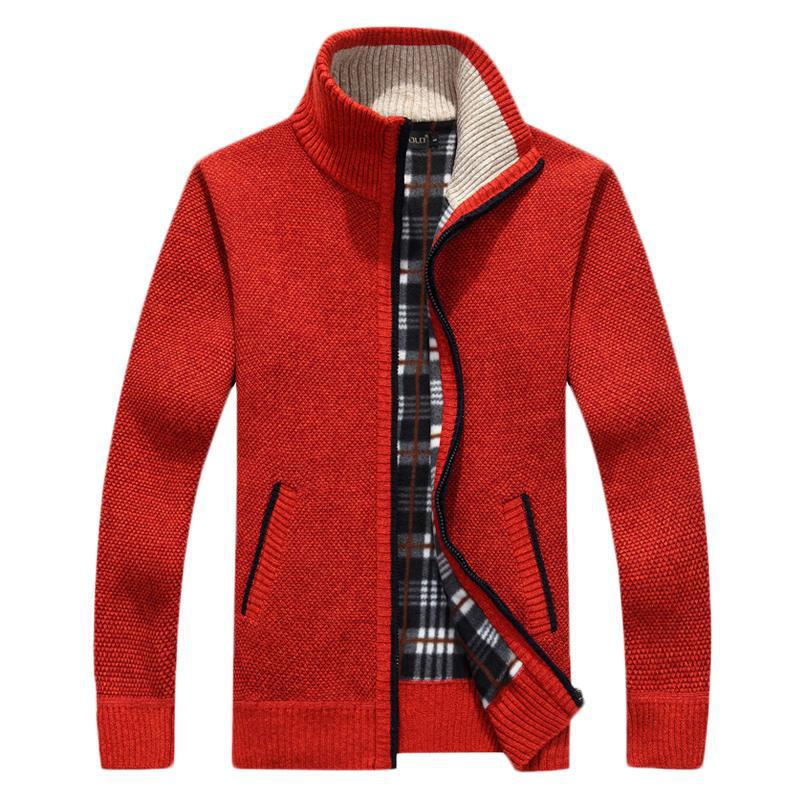 Men's Fleece-Lined Stand-Up Collar Cardigan: Thick, Solid Color, Plus Size Knit for Autumn/Winter.