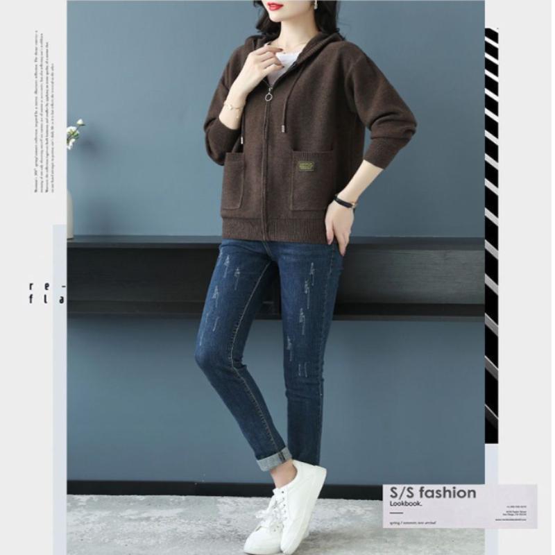 Hooded Cardigan Jacket for Women 2025 Spring and Autumn New Korean Style Casual Fashion Outerwear Zipper Sweater with Hood Knitted Sweater