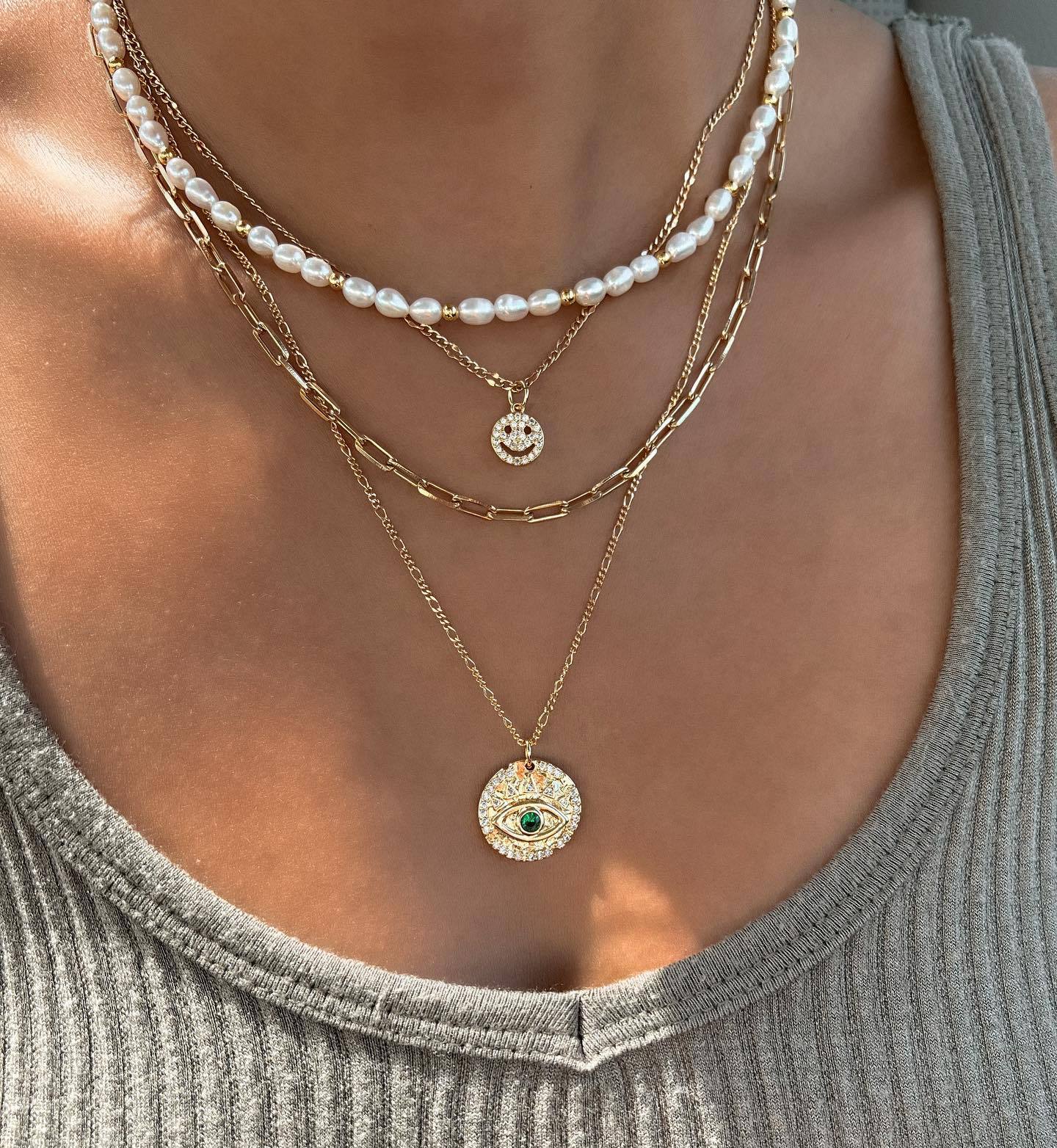 темперамент холодный ветер имитация жемчуга ожерелье ретро французский легкая роскошь инкрустированное бриллиантами смайлик глаз дьявола многослойное ожерелье