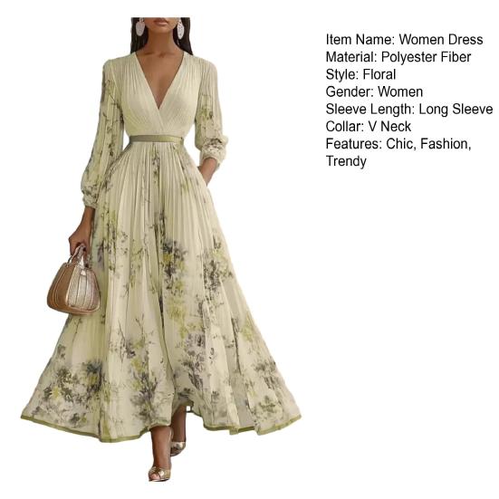 Women's Floral Print Pleated Maxi Dress V Neck Long Sleeve Wedding Guest Dress Spring Flowy Party Cocktail Dress
