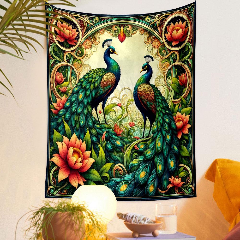 "Peacocks with Lotus Flowers Design" Patterned tapestry home decor, suitable for bedroom and living room, gift