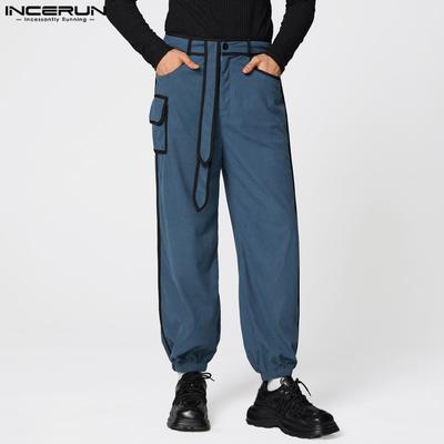 Autumn Men Casual Zip-up Waist Stitching Lace-up Corduroy Long Harem Pants Trousers 
