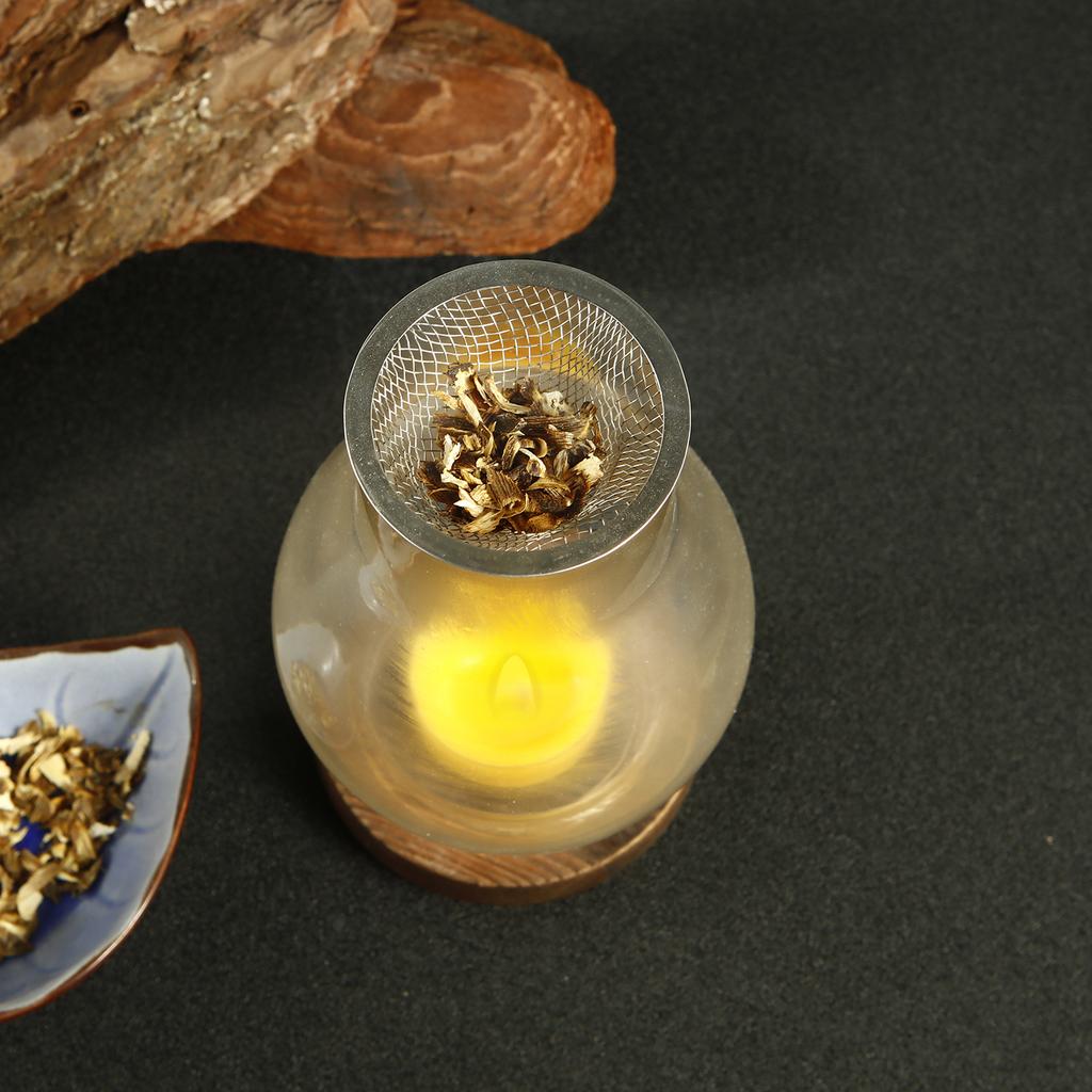 Glass Candle Holder Candle Heating Holder with Wooden Base Aromatherapy Incense Burner for Yoga SPA Aromatherapy