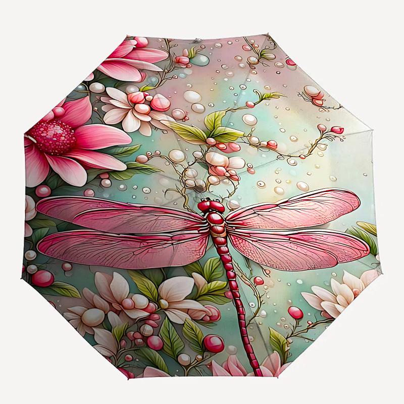 

1pc Dragonfly Flowers umbrella with 8 iron ribs and a plastic handle, automatic opening and closing, and daily use.1104