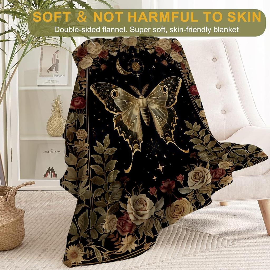 Gothic Moth and Rose Flannel Blanket - Mystical with Lunar Moon Vintage Throw - Lightweight Soft Cozy Gifts Blankets for Kids Adults & Nature