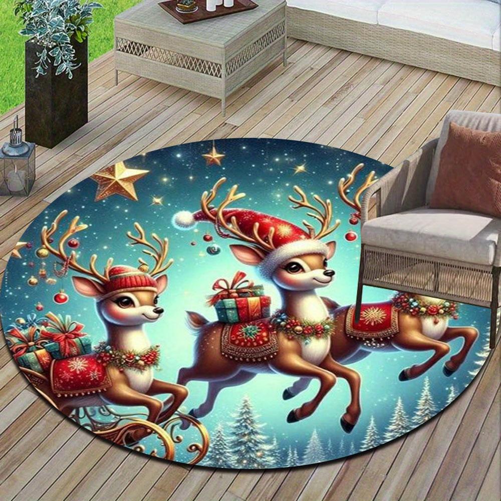 Christmas Reindeer Round Rug, Soft  Non Slip Mat, Anti Wrinkle Holiday Carpet for Living Room, Bedroom, Festive Decor