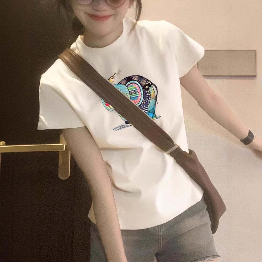 Summer new cartoon cute baby elephant printed short-sleeved T-shirt women's fashion versatile casual top bottoming shirt
