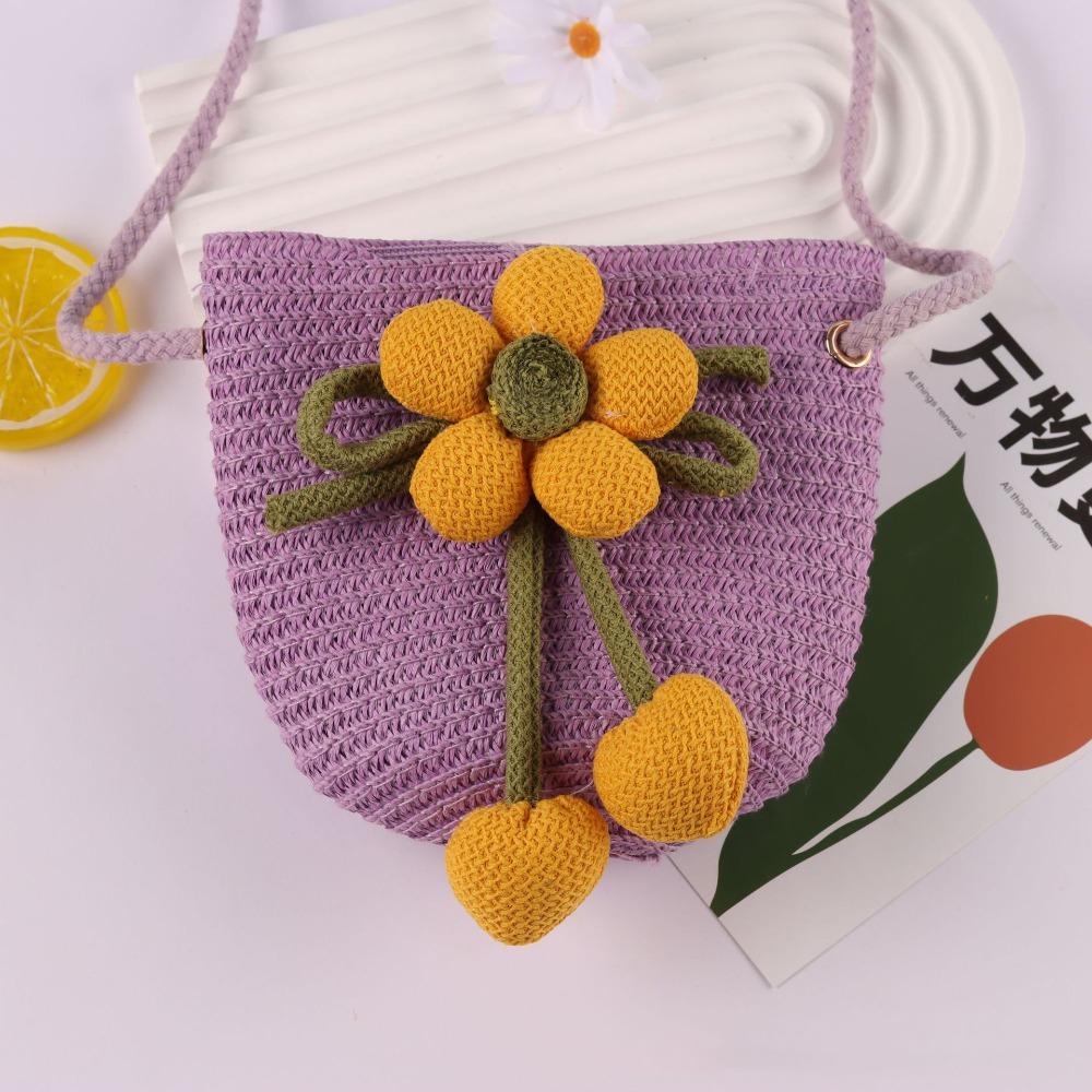 Cute Flower Straw Bag Mini Colorful Summer Beach Shoulder Bag Handmade Zipper Coin Purse