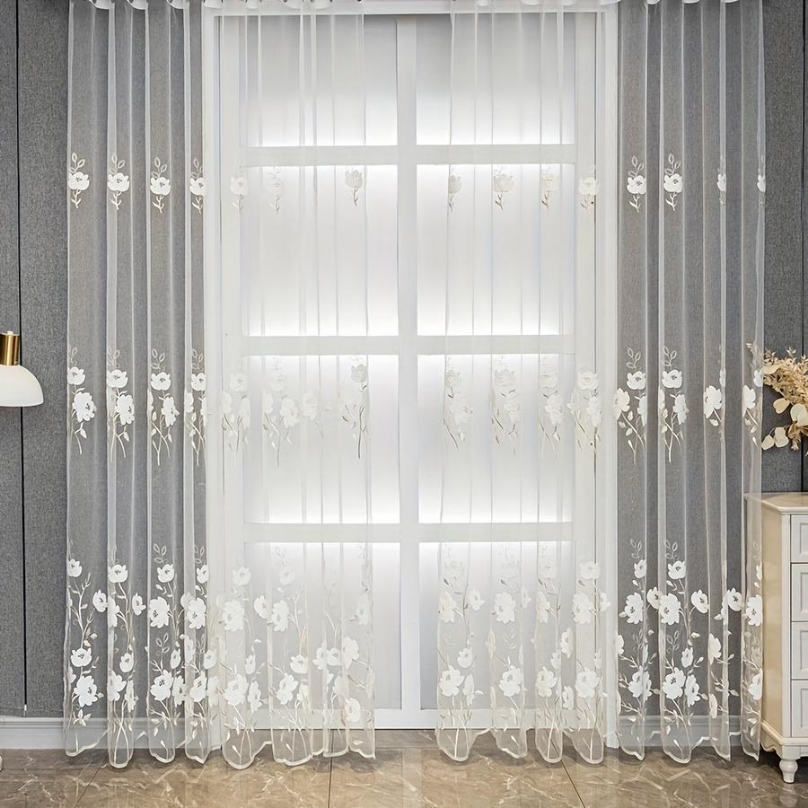 2pcs of Countryside Embroidered Flower Pattern, Uv-Resistant Transparent Curtains, Suitable for Home Decoration In Living Rooms, Bedrooms
