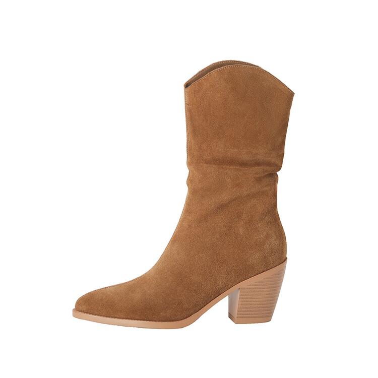 Fashion 2025 Autumn Cow Suede Women Boots Pointed Toe Chunky Heels Boots for Women Winter Boots Mid-calf Boots High Heels Zapatos Mujer
