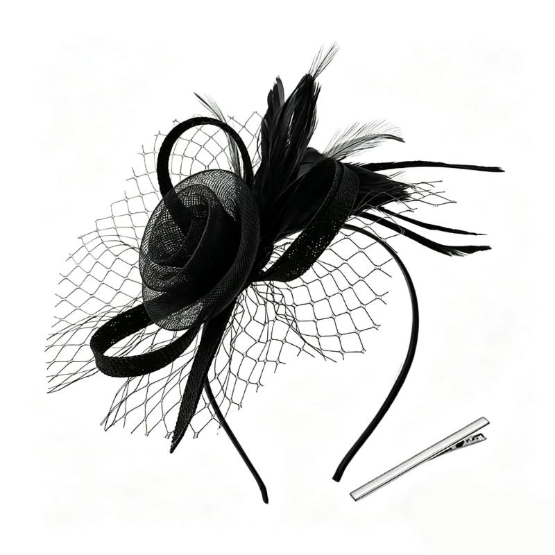 Race Day Fascinator Headpiece with 3D Flower, Feather Decors, Netted Veil and Clip-and-Headband Attachment for Cocktails Party