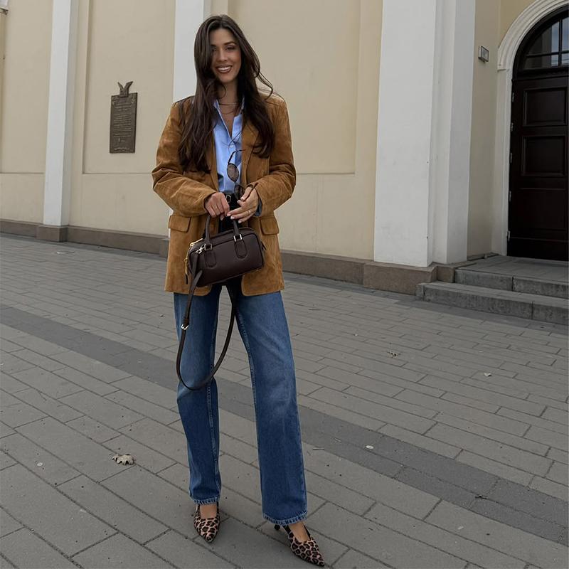 Dámská semišová bunda s klopovým límcem, jednoradové zapínání, khaki, s dlouhým rukávem, sako, módní na dojíždění, větruodolná, teplá bunda, podzim 2025