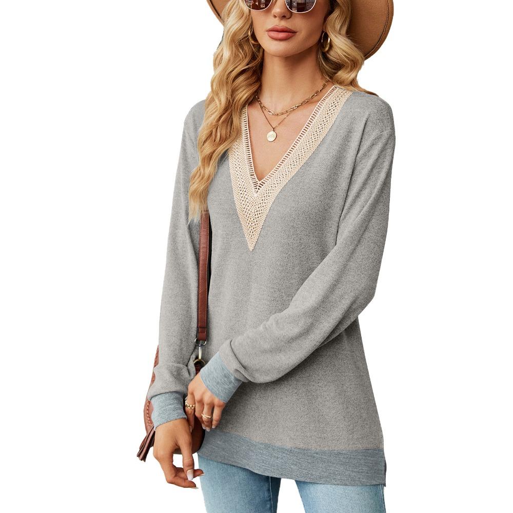 Women's Long Sleeve T-Shirt Fall/Winter Sweatshirt Women's Lace V-Neck Color-Blocked Split Hem Loose Top