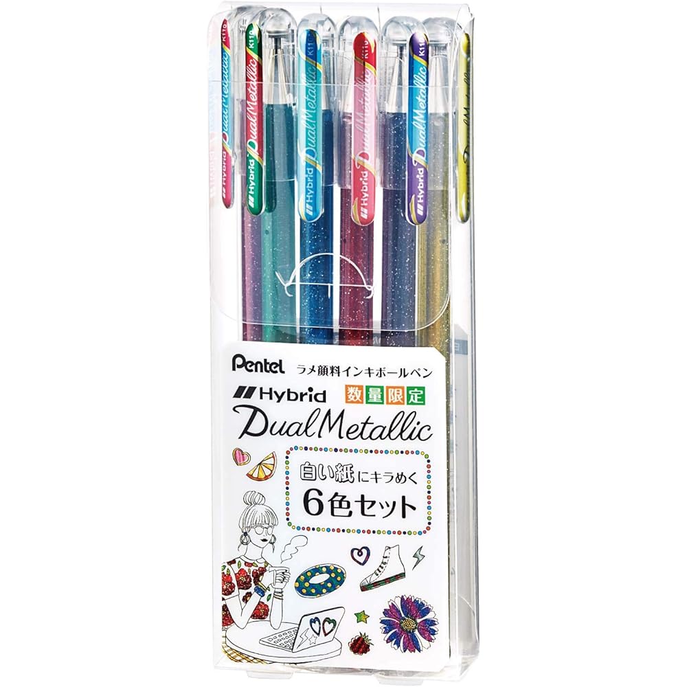 Pentel Dual Metallic K110-6STA 6 Color Set Shimmer Gel Pens for White Paper