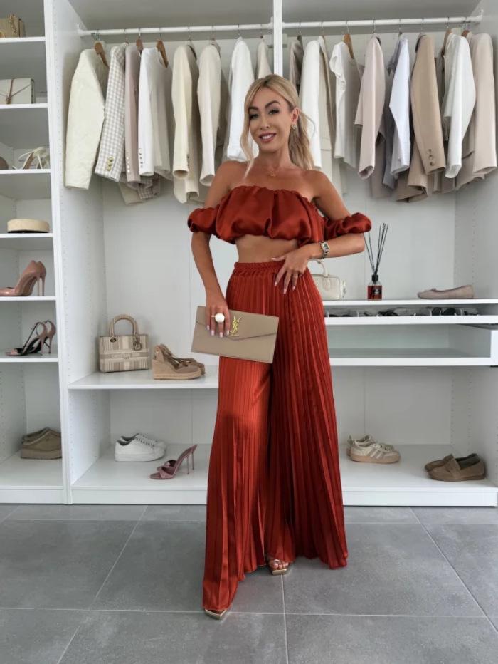 Elegant 25th Anniversary Strapless Pleated Long Pants Set In Solid Color