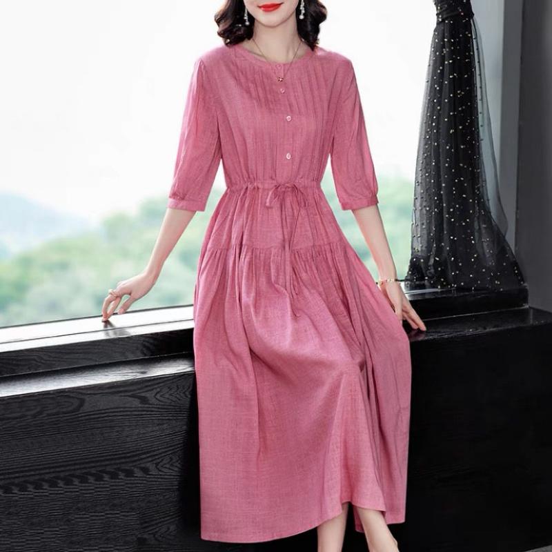 Women Round Collar Solid Color Dress Ladies Mid-length Waist Long Skirt Cotton A-Linen Dresses Women Clothing