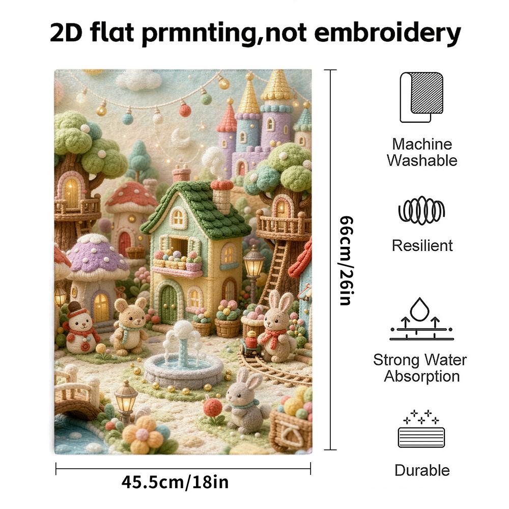 Fairy Knitted Village Absorbent Shower Towel, Whimsical Felt Town Print, Soft Quick Dry Bath Towel